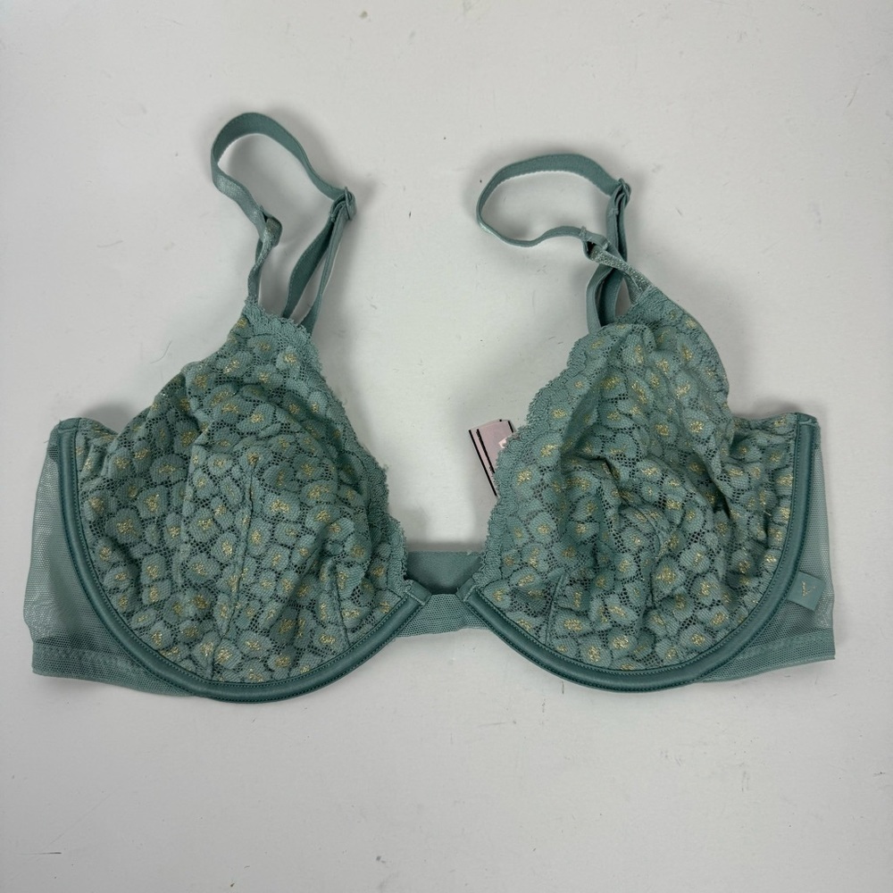 Victoria's Secret 34D Bralette Unlined Demi Teal Gold Cheetah Semi Sheer